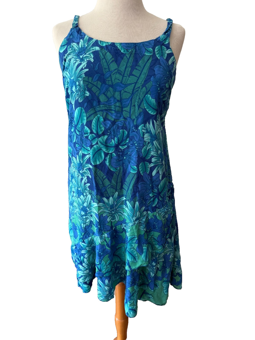 Rainbow Jo Dress Women’s Large Blue Green Tropical Floral Hawaiian Asymmetrical